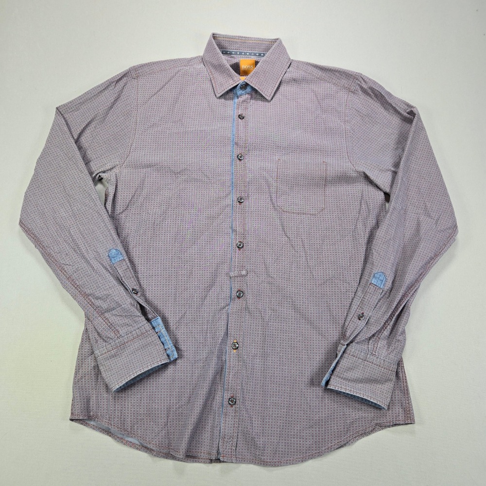Hugo Boss Orange Shirt EslimE 1 Slim Fit Micro Geometric Orange Blue Mens‎ M